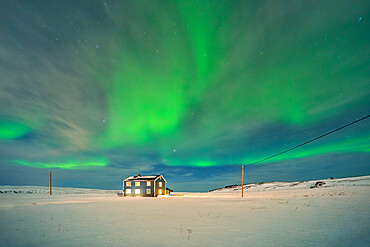 Blue house and Aurora Borealis (Northern Lights), Kongsfjord, Veidnes, Finnmark, Norway, Scandinavia, Europe