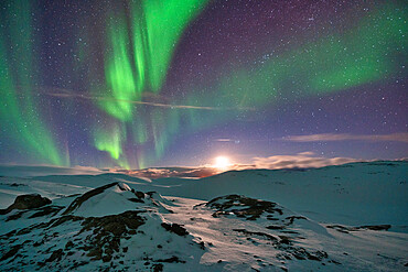 Aurora Borealis (Northern Lights) over the mountains, Finnmark, Norway, Scandinavia, Europe