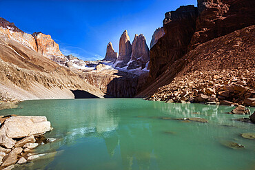 Torres del Paine base and glacier, Torres del Paine National Park, Ultima Esperanza Province, Magallanes and Chilean Antactica Region, Patagonia, Chile, South America