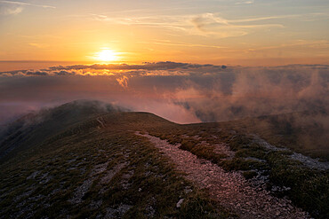 Monte Nerone at sunset on a foggy day, Apennines, Marche, Italy, Europe