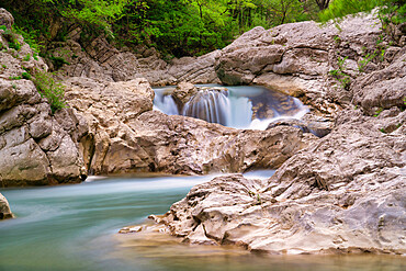 Waterfall on river Burano in summer, Apennines, Marche, Italy, Europe