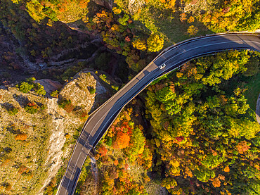 Aerial view of Scheggia Pass and Ponte a Botte bridge in autumn, Scheggia, Apennines, Umbria, Italy, Europe