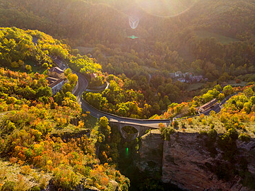 Aerial view of Scheggia Pass and Ponte a Botte bridge in autumn, Scheggia, Apennines, Umbria, Italy, Europe