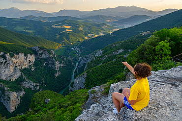 Hiker on Belvedere Alto, Furlo Gorge, Marche, Italy, Europe