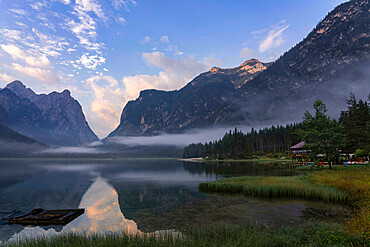 Lake Dobbiaco at sunrise in summer, Sud Tirol, Italy, Europe