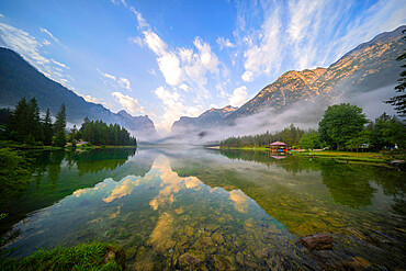 Lake Dobbiaco at sunrise in summer, Sud Tirol, Italy, Europe