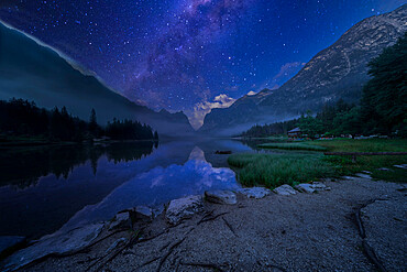 Lake Dobbiaco by night in summer, Sud Tirol, Italy, Europe