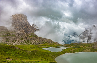 Piani lakes and Scarpieri peak on a foggy and cloudy day, Dolomites, Alto Adige district, Italy, Europe