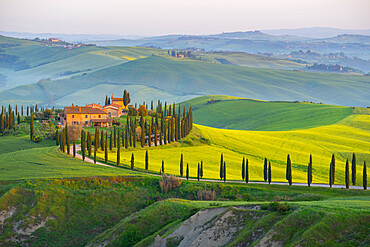 Stone farmhouse at sunrise in spring, Orcia Valley, Tuscany, Italy, Europe