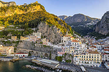 Aerial view of the town at sunrise, Amalfi, Amalfi Coast (Costiera Amalfitana), UNESCO World Heritage Site, Campania, Italy, Europe