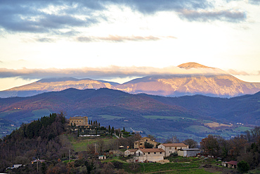 Italy, Umbria, Gubbio, Monte Cucco at sunset