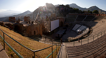 empty white banner in famous ancient theatre in Taormina, Sicily, Italy