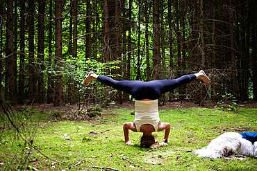 woman doing yoga in forest