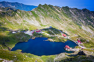 Elevated view over Balea Lake at 2034m altitude in the Fagaras Mountains in central Romania, Cartisoara, Sibiu County, Romania, Europe