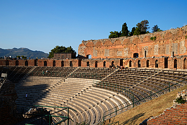 empty white banner in famous ancient theatre in Taormina, Sicily, Italy