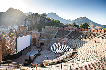 empty white banner in famous ancient theatre in Taormina, Sicily, Italy