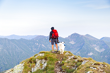 trekking with a dog in hogh mountains
