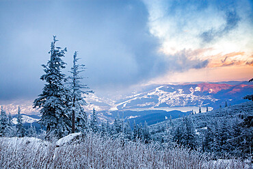 Ceahlau Massif in winter, Eastern Carpathians, Neamt County, Moldavia, Romania, Europe