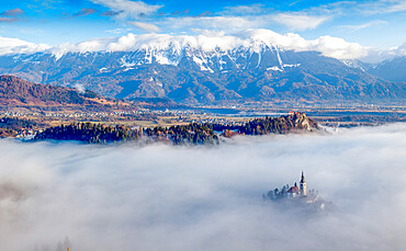 Panorama of Lake Bled in the Julian Alps of the Upper Carniolan region, northwestern Slovenia, Europe