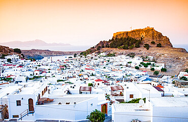 View over Lindos town, Rhodes, Dodecanese, Greek Islands, Greece, Europe