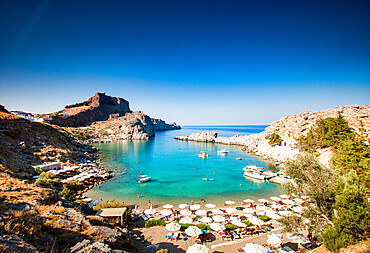 View over Lindos town, Rhodes, Dodecanese, Greek Islands, Greece, Europe