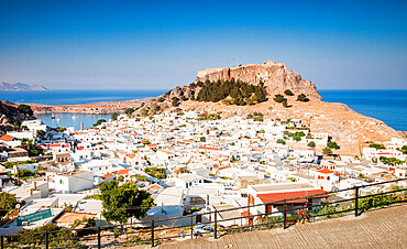 View over Lindos town, Rhodes, Dodecanese, Greek Islands, Greece, Europe