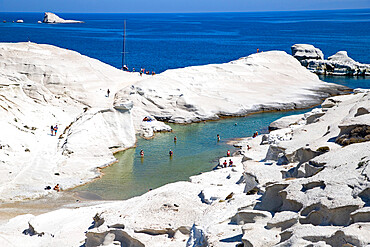 Volcanic rock formations at Sarakiniko on north coast, Sarakiniko, Milos, Cyclades, Aegean Sea, Greek Islands, Greece, Europe