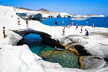 Volcanic rock formations at Sarakiniko on north coast, Sarakiniko, Milos, Cyclades, Aegean Sea, Greek Islands, Greece, Europe