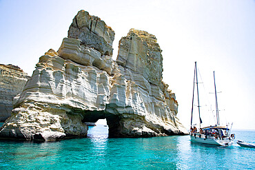 Tour boats in Kleftiko Bay, white cliffs of Kleftiko, Milos, Cyclades Islands, Greek Islands, Aegean Sea, Greece, Europe