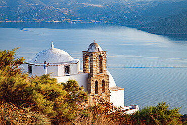 Domed church Pangia Thalassitra, church on Milos with a view over the sea at sunset, Plaka, Milos, Cyclades, Greek Islands, Greece, Europe