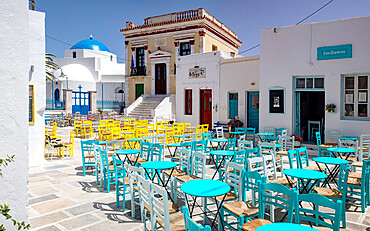 Seating in the village square in the Plaka of Serifos, Cyclades, Greek Islands, Greece, Europe