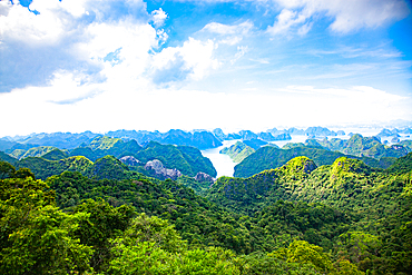 Ha Long Bay from Cat Ba island, Ha Long city in the background, UNESCO World Heritage Site, Vietnam, Indochina, Southeast Asia, Asia