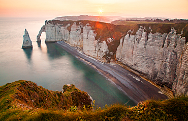 Falaise d'Aval, the famous white cliffs of Etretat village, Normandy, France, Europe