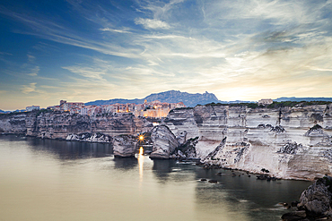 Sunset over the town of Bonifacio, Island of Corsica, France