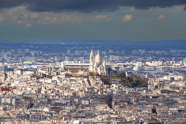 Aerial view over city including Basilique du Sacre-Coeur, Paris, France