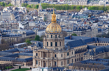 Aerial view over city including Cathedrale Saint Louis des Invalides, Paris, France