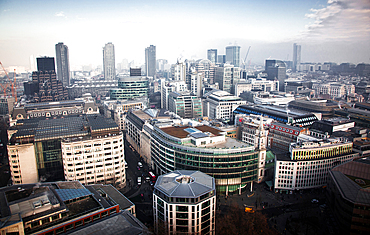 rooftop view over London on a foggy day from St Paul's cathedral, UK