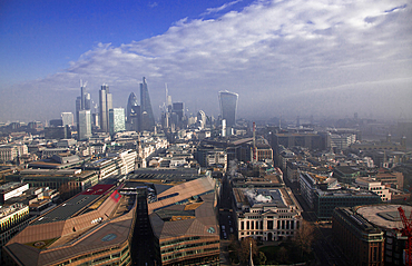 rooftop view over London on a foggy day from St Paul's cathedral, UK