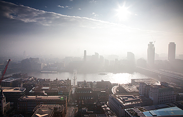 rooftop view over London on a foggy day from St Paul's cathedral, UK