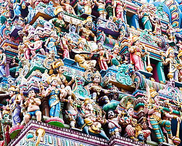 SINGAPORE, SINGAPORE - MARCH 2019: Intricate Hindu art and deity carvings on the facade of Sri Veeramakaliamman Temple in Little India, Singapore.