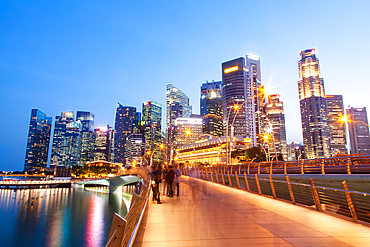 SINGAPORE, SINGAPORE - MARCH 2019: Esplanade bridge and downtown core skyscrapers in the background Singapore