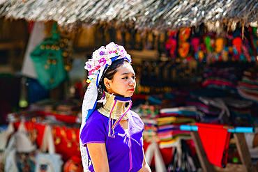 Long neck karen or Kayan woman in Baan Tong Luang eco village near Chiangmai,Thailand.