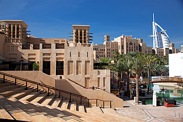 View on Burj Al Arab, the world only seven stars hotel seen from Madinat Jumeirah, a luxury resort which include hotels and souk spreding across over 40 hectars.