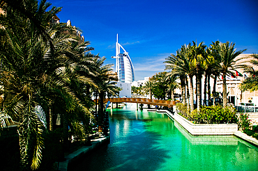 View on Burj Al Arab, the world only seven stars hotel seen from Madinat Jumeirah, a luxury resort which include hotels and souk spreding across over 40 hectars.