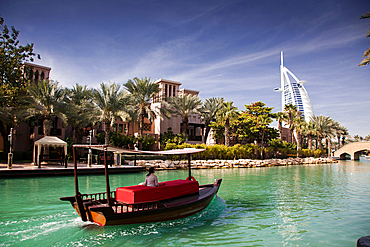 View on Burj Al Arab, the world only seven stars hotel seen from Madinat Jumeirah, a luxury resort which include hotels and souk spreding across over 40 hectars.