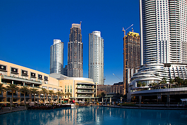 Skyscrapers skyline of Old Town Island around the Burj Khalifa Lake near the Dubai Mall in Dubai Downtown