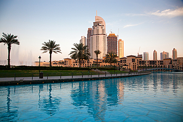 Skyscrapers skyline of Old Town Island around the Burj Khalifa Lake near the Dubai Mall in Dubai Downtown