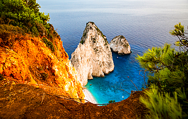 viewpoint of Keri and the famous Mizithres rocks with turquoise sea at Zakynthos island Greece