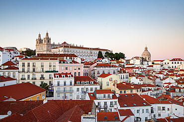 panoramic view of skyline of Lisbon city, Portugal, many colorful houses in the Alfama district