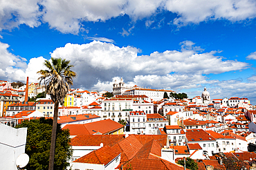 panoramic view of skyline of Lisbon city, Portugal, many colorful houses in the Alfama district